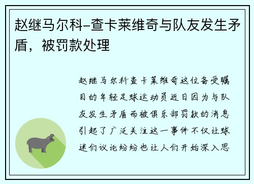 赵继马尔科-查卡莱维奇与队友发生矛盾，被罚款处理